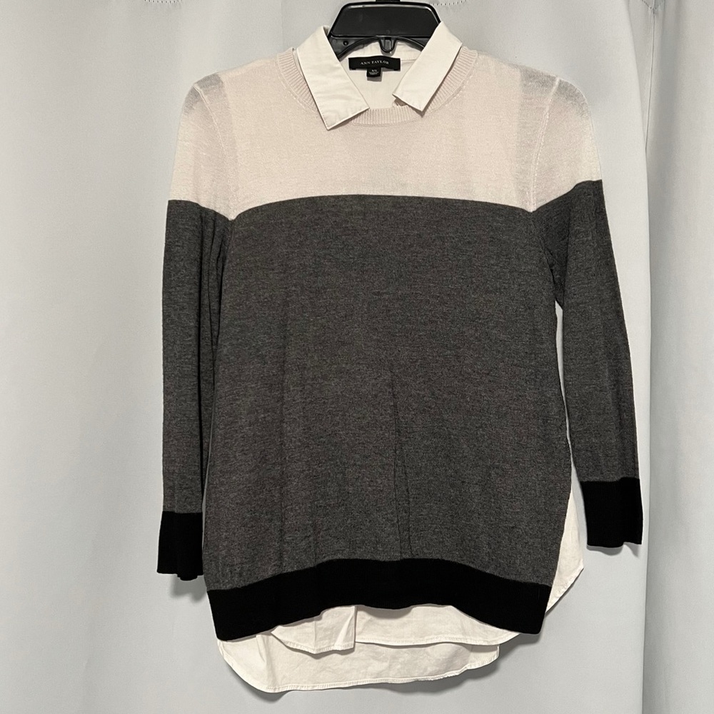 Ann Taylor Gray and Cream Sweater with Built In White Faux Button Dress Shirt XS